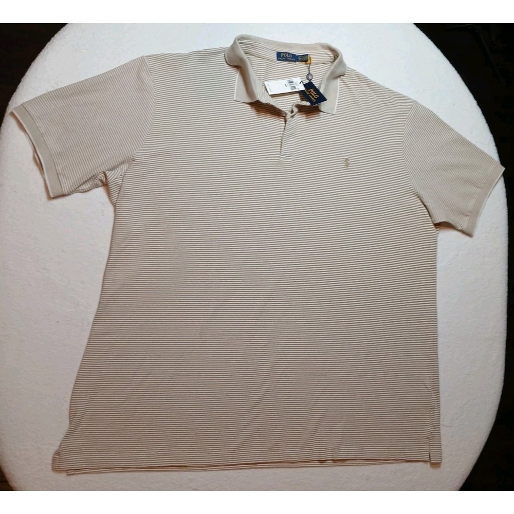 NWT Polo Ralph Lauren Shirt Mens 4LT Big & Tall Beige White Stretch Stripe Polo
